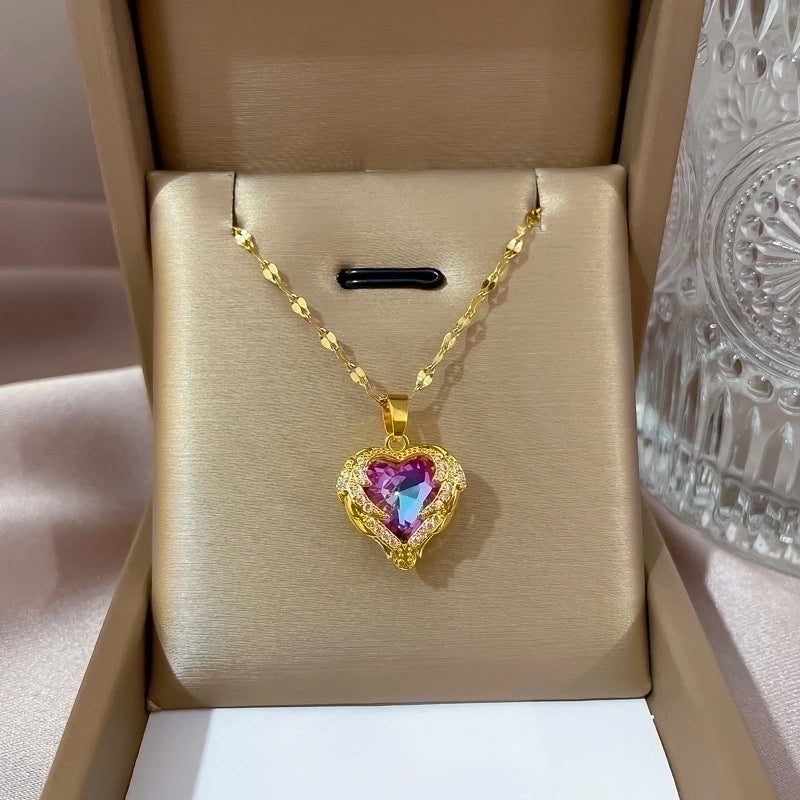 2 Pieces Minimalist Classic Style Geometric Heart Shape Titanium Steel Copper Zircon Pendant Necklace In Bulk