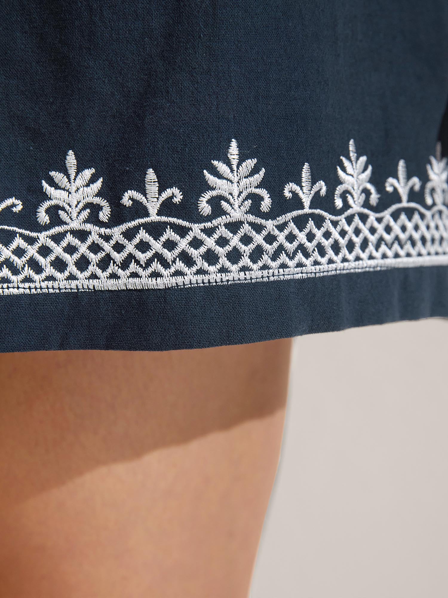 Cotton Embroidered Hem Wide-Leg Solid Shorts