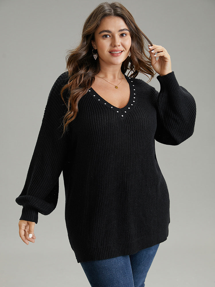 Rhinestone V Neck Drop Shoulder Pullover
