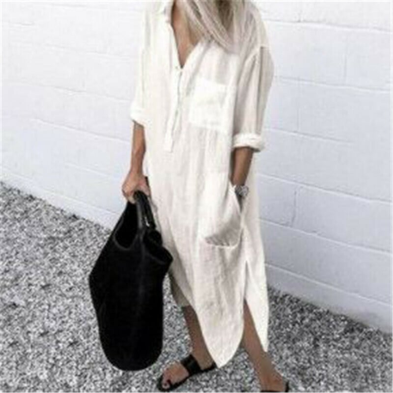 Solid Color Turn-down Collar Slit Long Shirt Dress