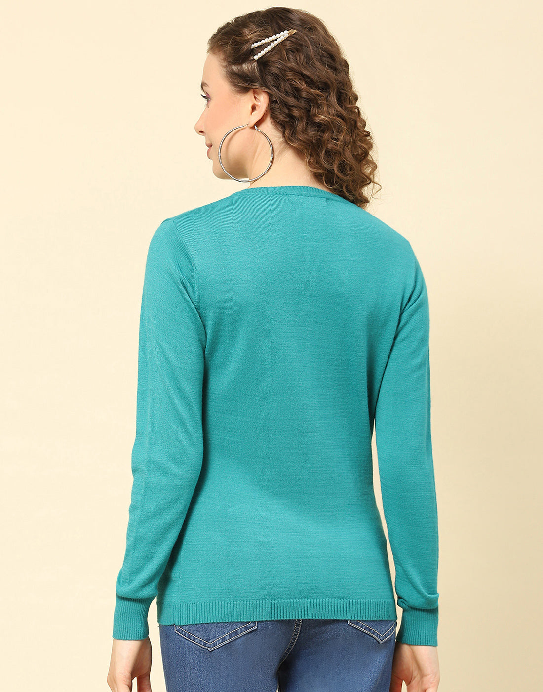 Women Turquoise Blue Solid Round Neck Full Sleeve Cardigan