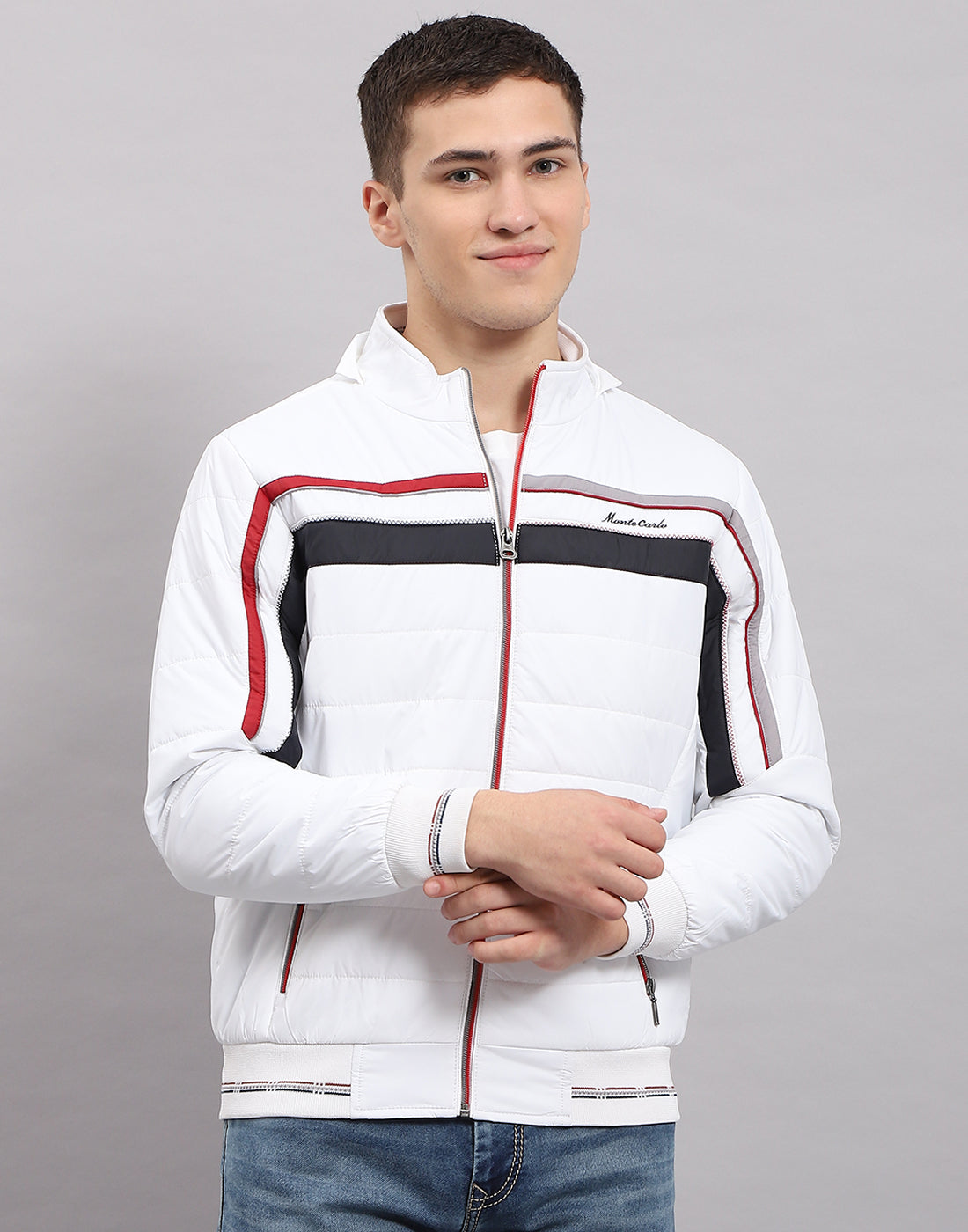 Men White Solid Hooded Full Sleeve Jacket