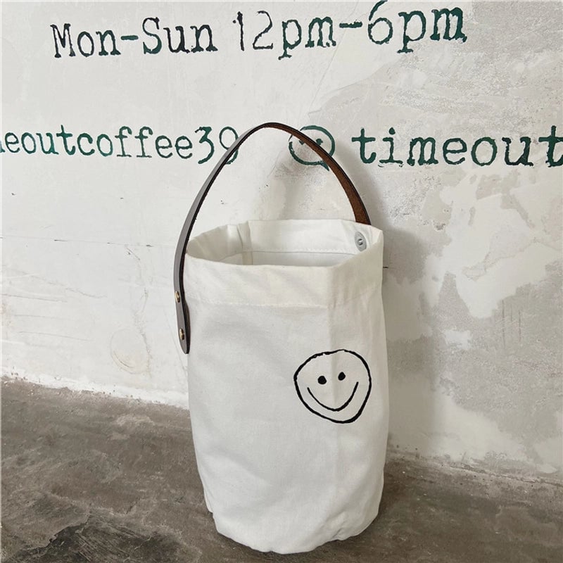 Women's Medium Canvas Round Dots Smile Face Cute Bucket Open Handbag