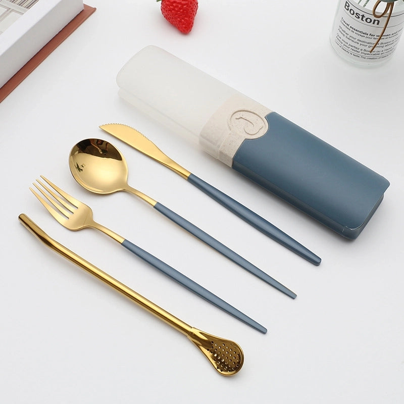 Retro Pastoral Color Block Stainless Steel Spoon Fruit Knife Fruit Fork 1 Set