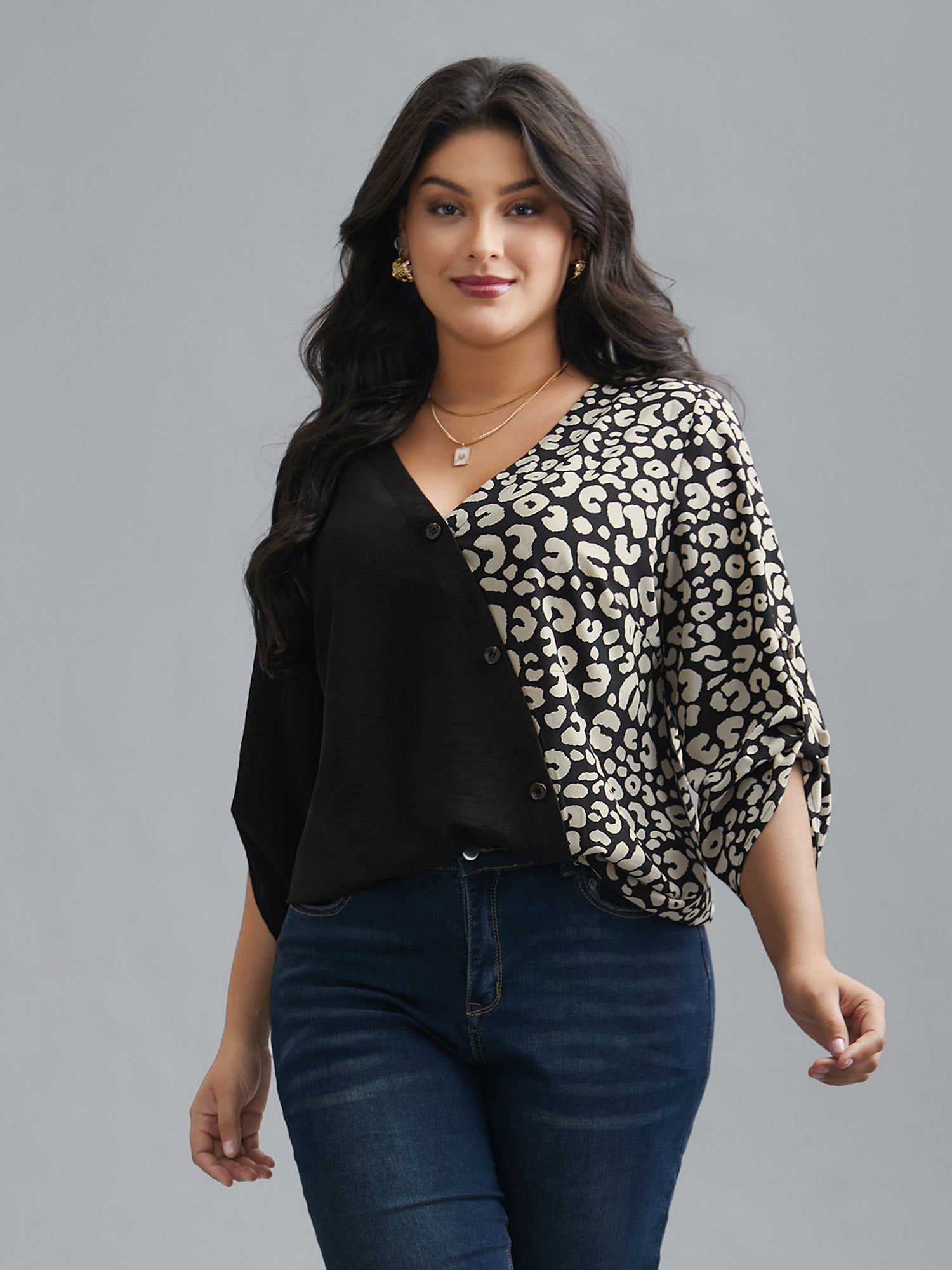 Leopard Print Spliced Tab Sleeve Blouse