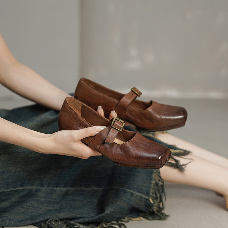 Elegant Square-Toe Horse Leather Mary Jane Shoes with Block Low Heel Buckle Apricot/Black/Brown