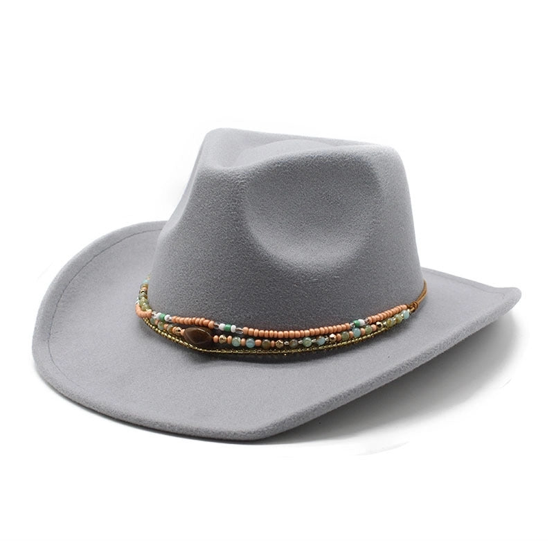 New Curling Cowboy Hat Western Ethnic Style Tibetan Felt Hat Colorful Bead Rope Accessories Knight Hat Fashion