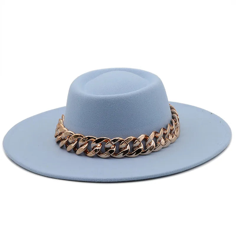 New Retro Ethnic Style 9.5 Brim Wool Woolen Felt Hat Concave Top Men's And Women's Top Hat Large Brim Thick Gold Chain Hat