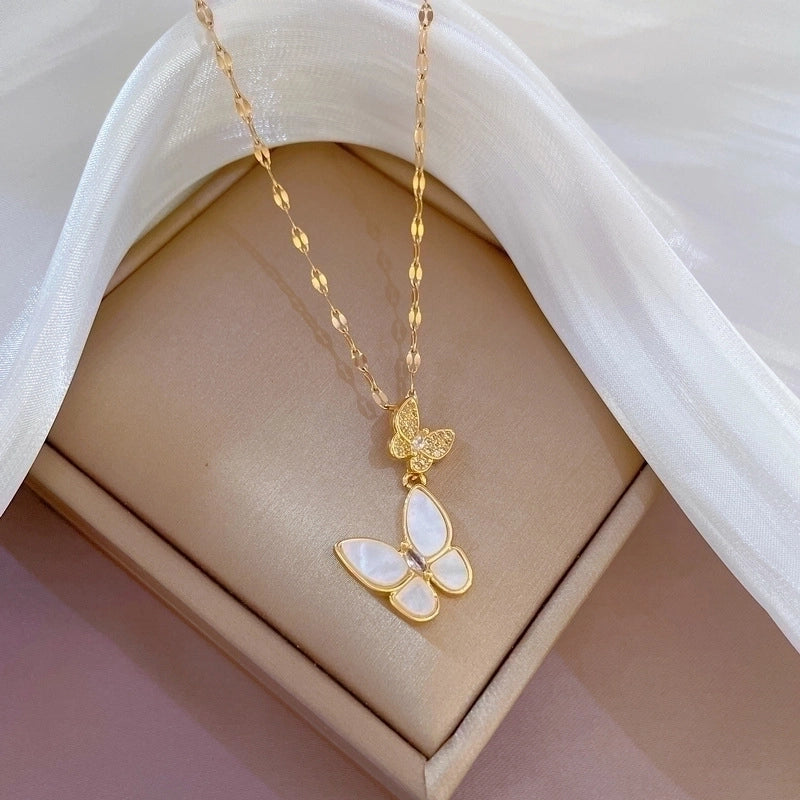 Minimalist Butterfly Titanium Steel Copper Plating Inlay Zircon Pendant Necklace