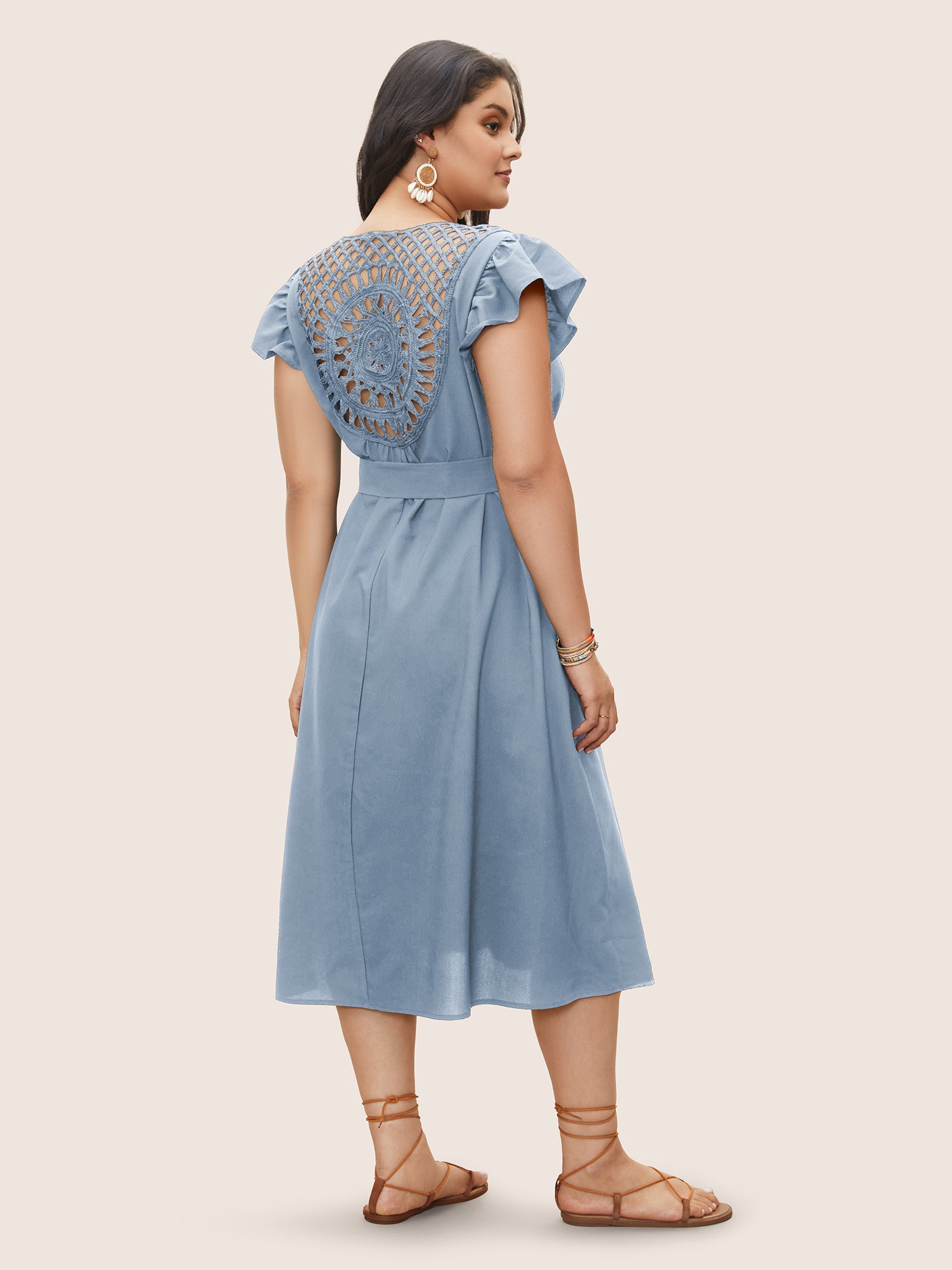 Solid Cut Out Ruffle Cap Sleeve Dress