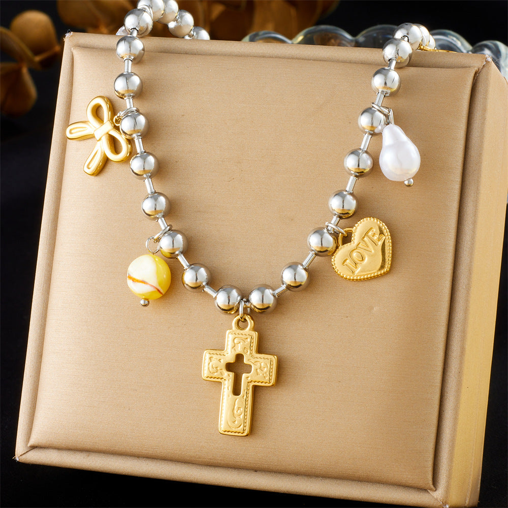 Fashion Sweet Cool Ins Style Cross Love Bowknot Oil Drop Eye Pendant Stainless Steel Design Necklace Female