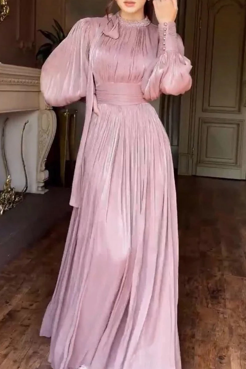 Elegant Solid Color Patchwork Zipper O Neck Long Dresses