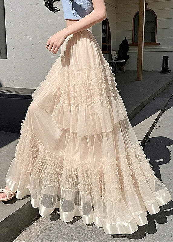 Fashion Apricot Ruffled Elastic Waist Tulle Maxi Skirts Summer