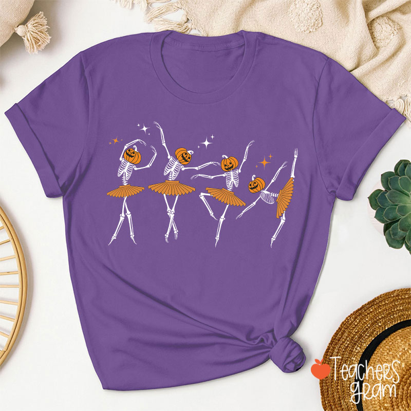 Dancing Pumpkin Skeleton Teacher T-Shirt