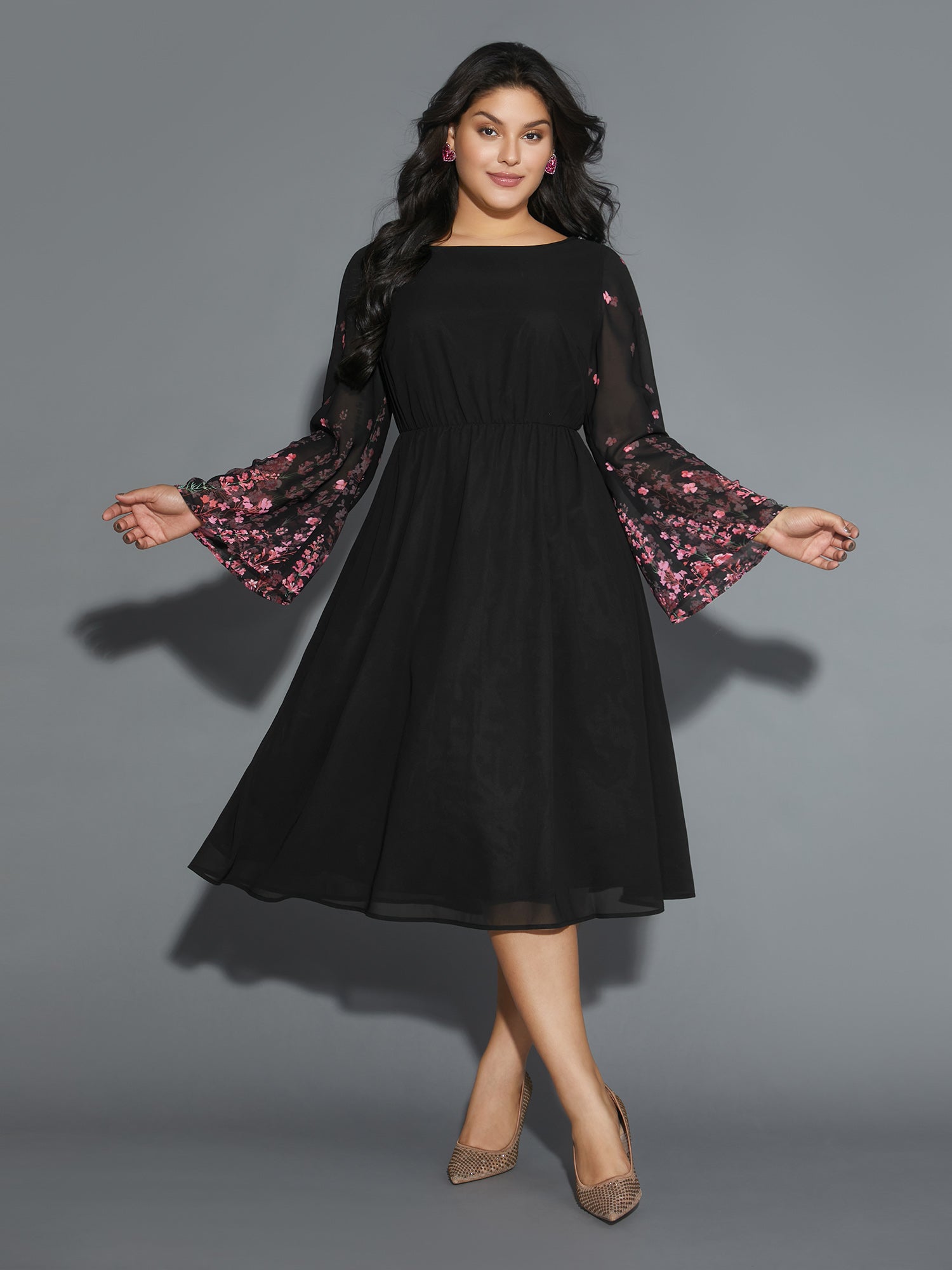 Floral Mesh Bell Sleeve Boat Neck Dress