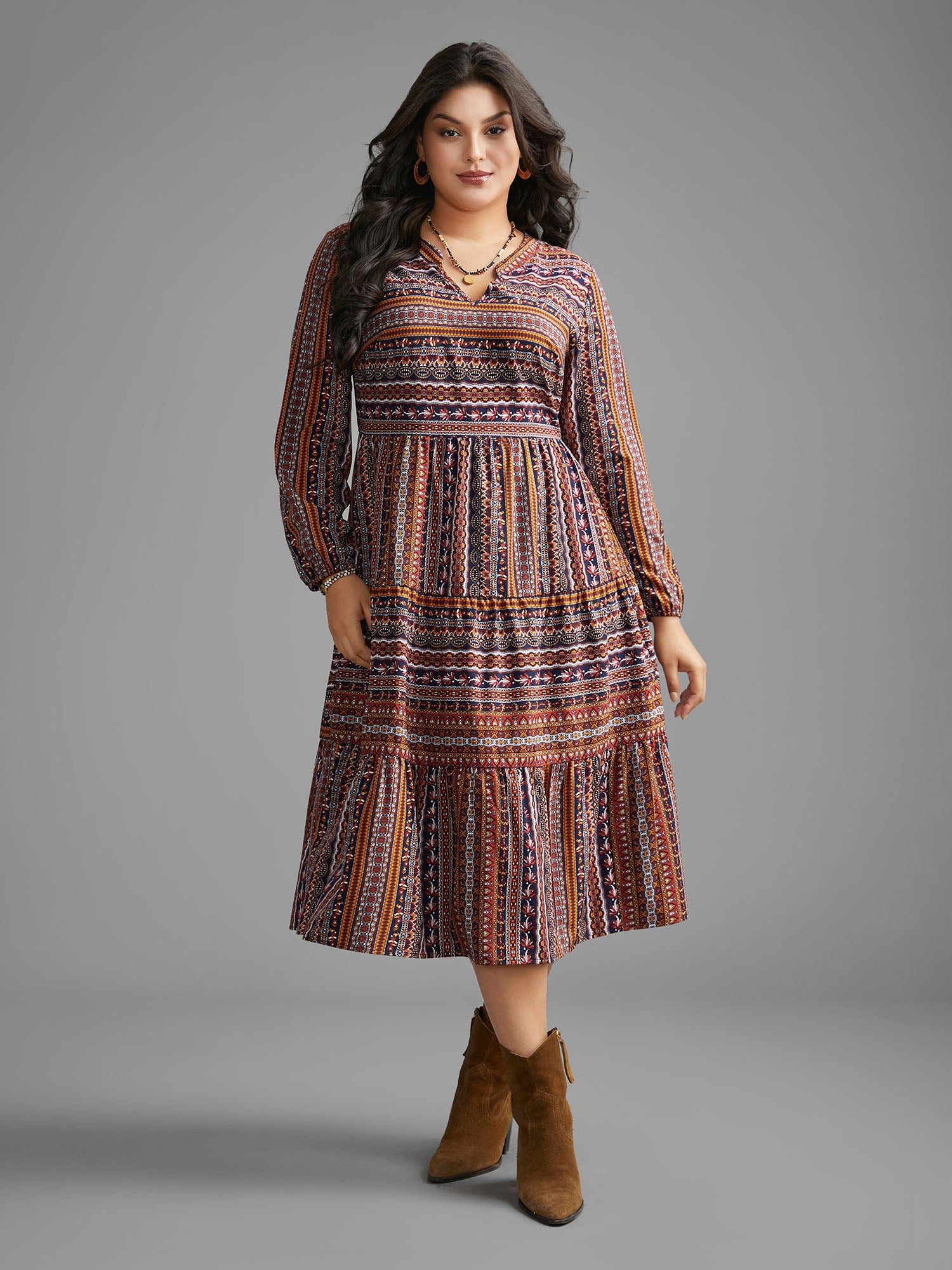 Bandana Striped Ruffle Layered Hem Dress