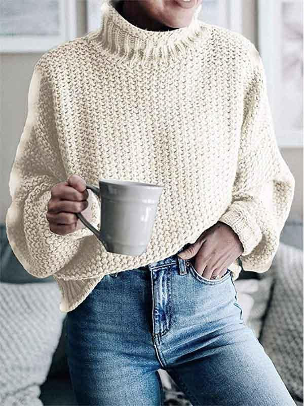 High Neck Solid Color Sweater