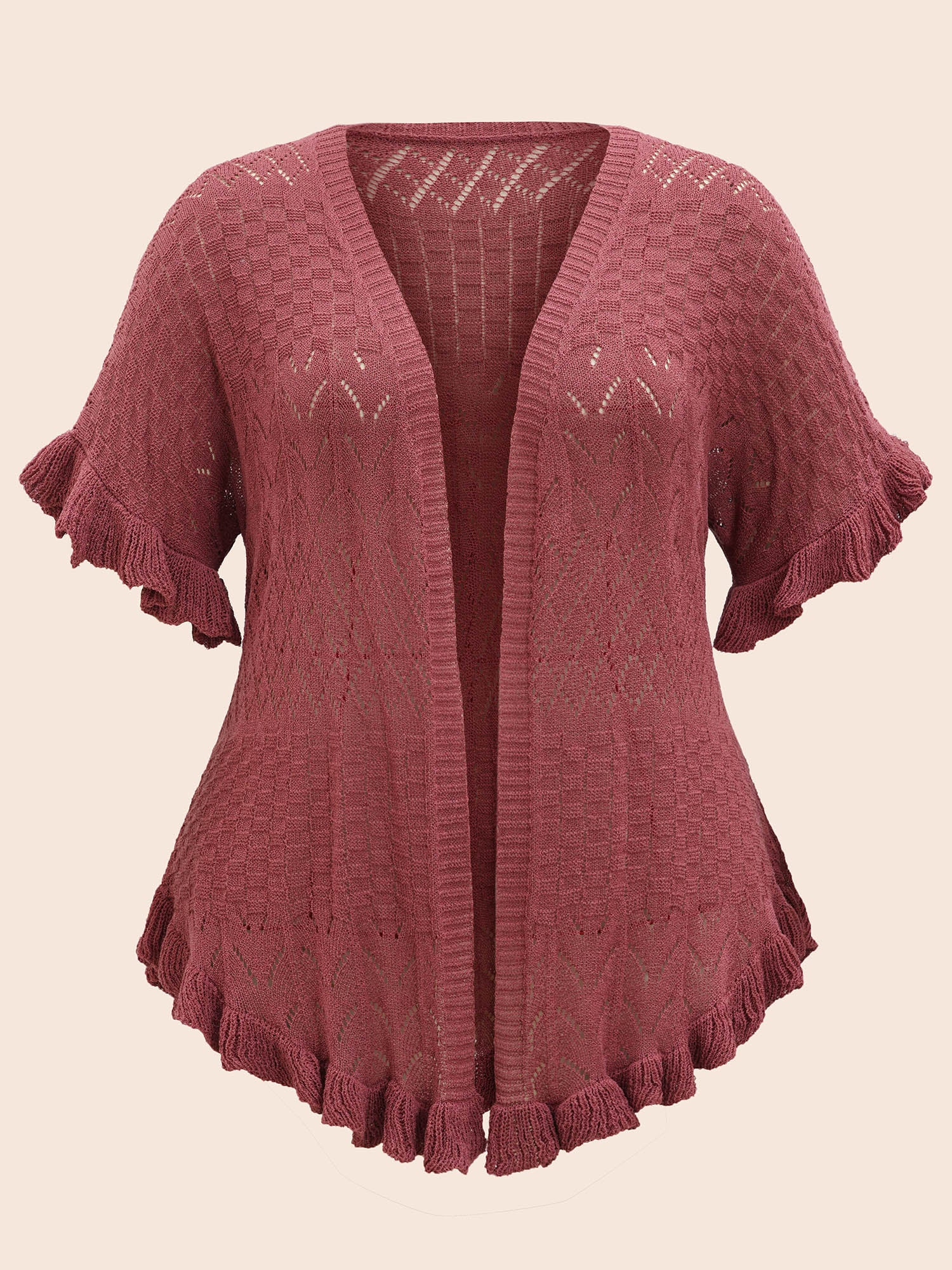 Plain Ruffles Pointelle Knit Cardigan