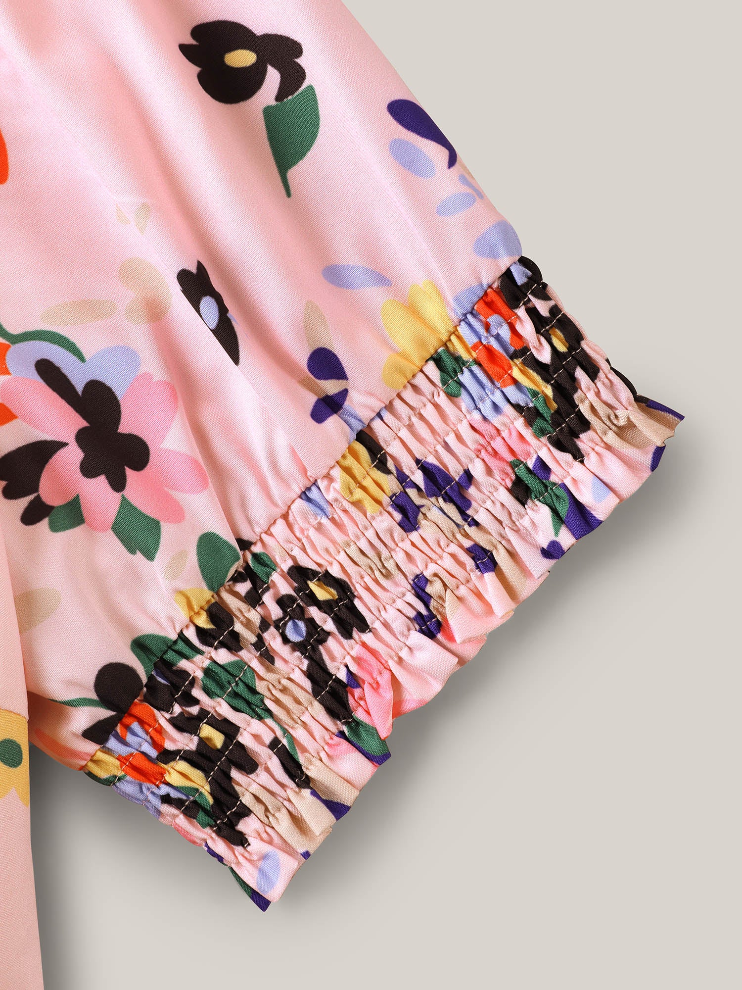 Floral Print Elastic Cuffs Belted Midi Dress