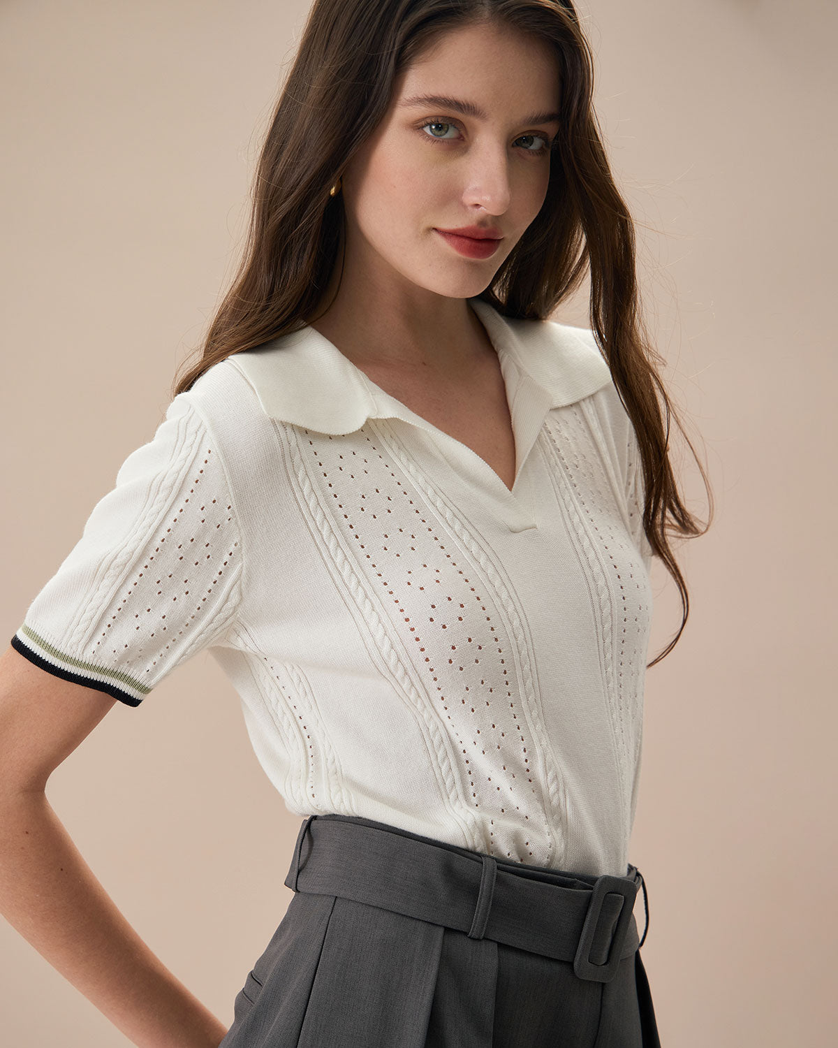 The White Collared Pointelle Contrast Knit Tee