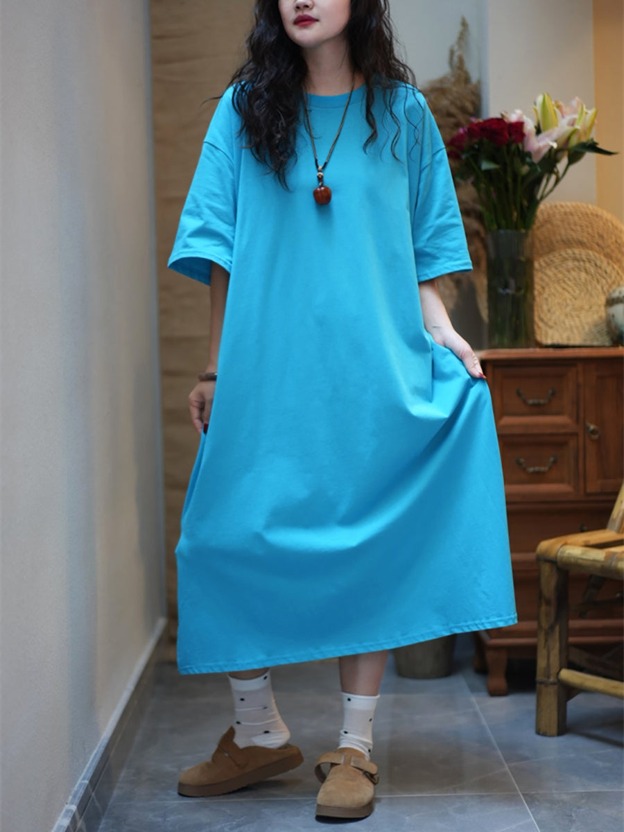 Women Summer Casual Pure Color O-Neck Cotton Dress