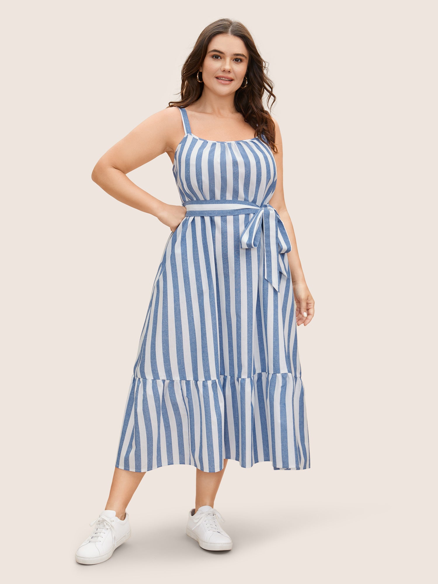 Striped Linen Blend Ruffle Layered Hem Dress