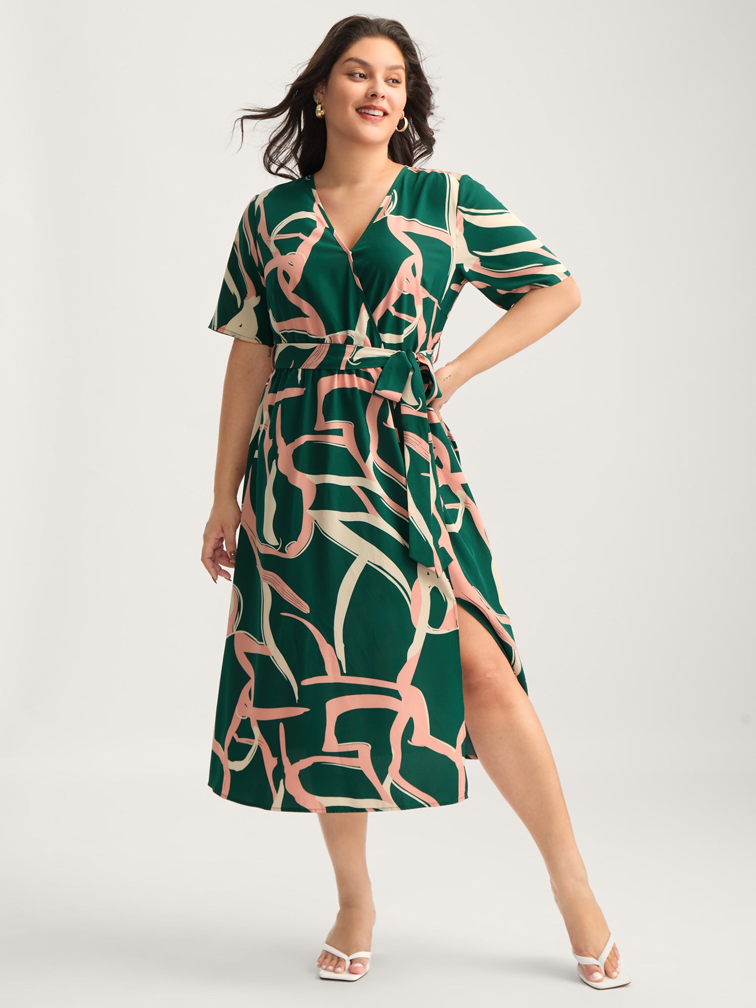 Abstract Belted Side Slit Surplice Midi Dress