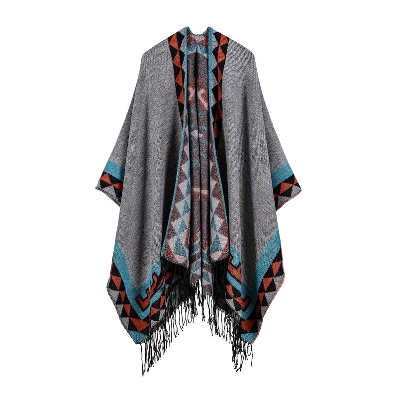 Export Women's Rhombus Tassel Lengthened Hot Selling Imitation Cashmere Shawl Both Sides Available Thickened Cape