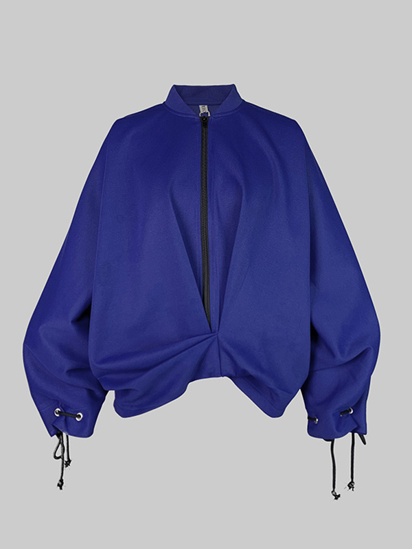 Loose Puff Sleeves Asymmetric Split-Joint Zipper Stand Collar Outerwear