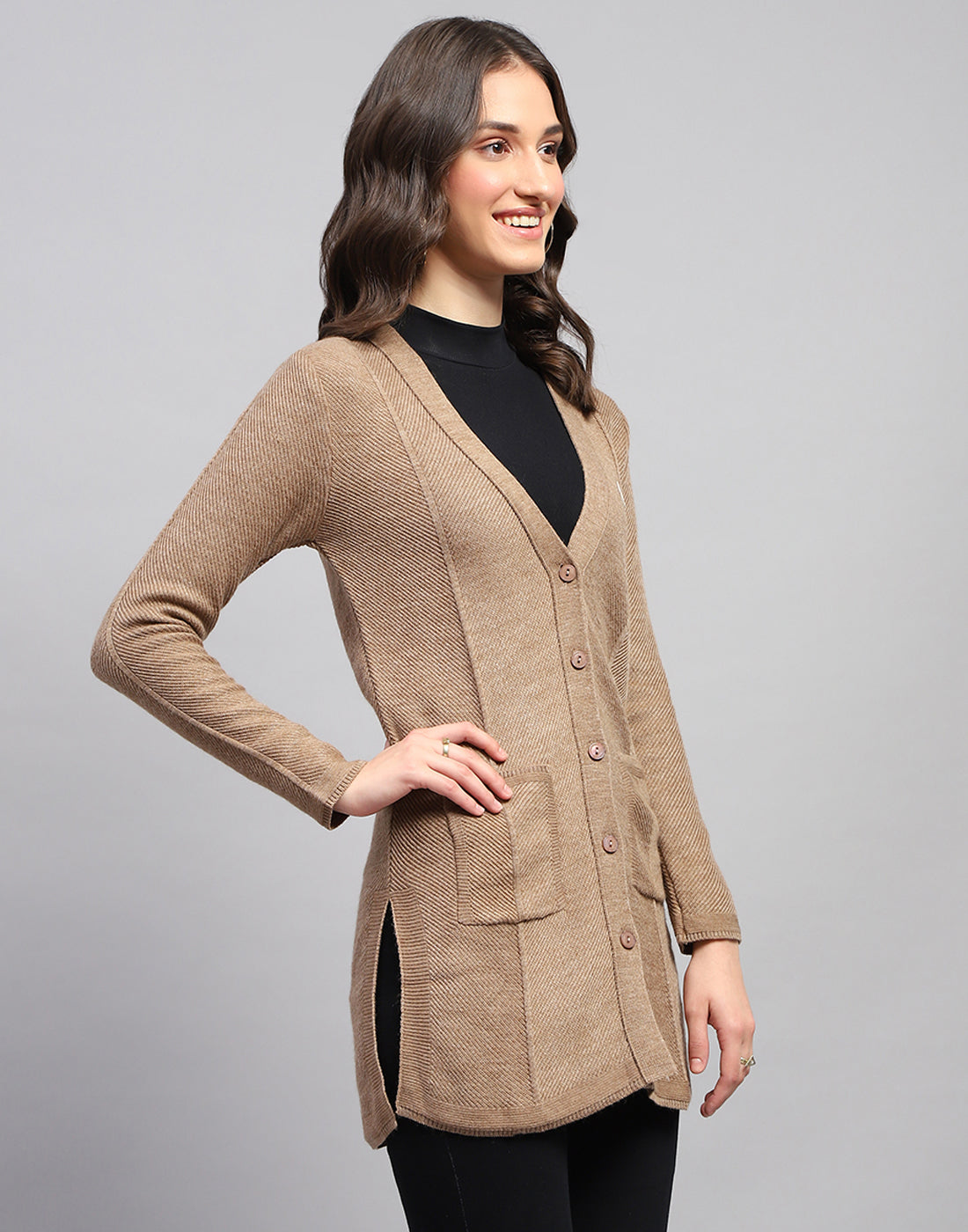 Women Brown Self Design V Neck Full Sleeve Cardigan