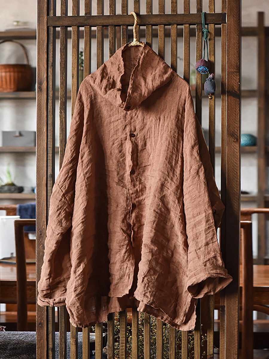 Women Vintage Spring Pure Color Turtleneck Linen Shirt