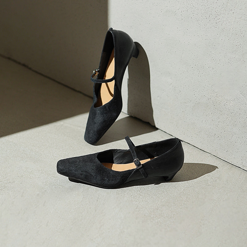 Elegant Washed Horsehide Nubuck Mary Jane Shoes Buckle Strap Causal Pumps in Red/Black/Caramel