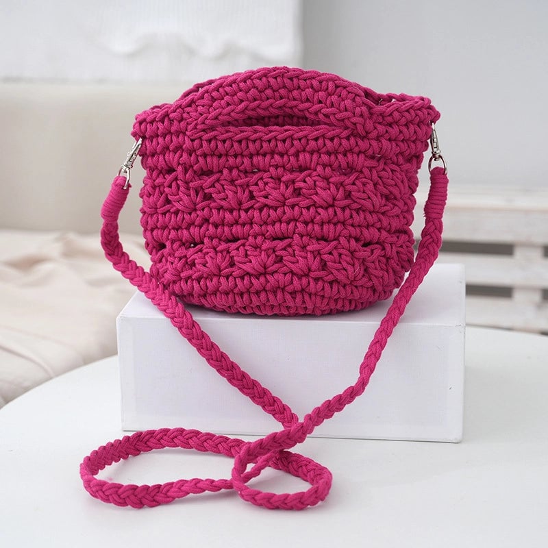 Women's Small Cotton Rope Solid Color Vacation Classic Style Weave Bucket Open Straw Bag