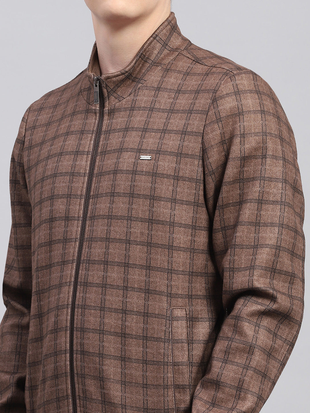 Men Brown Check Mock Neck Full Sleeve Jacket