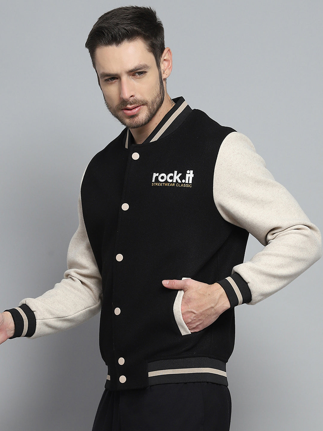 Men Black Printed Band Collar Full Sleeve Sweatshirt