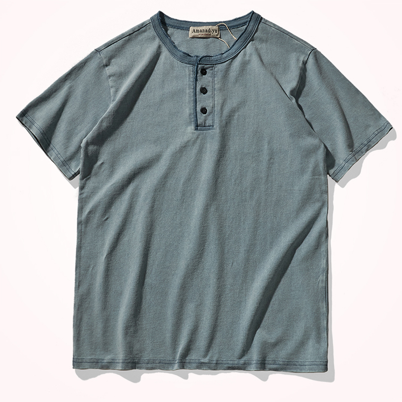 American Heavy Henley Collar Cotton Short Sleeve T-Shirt