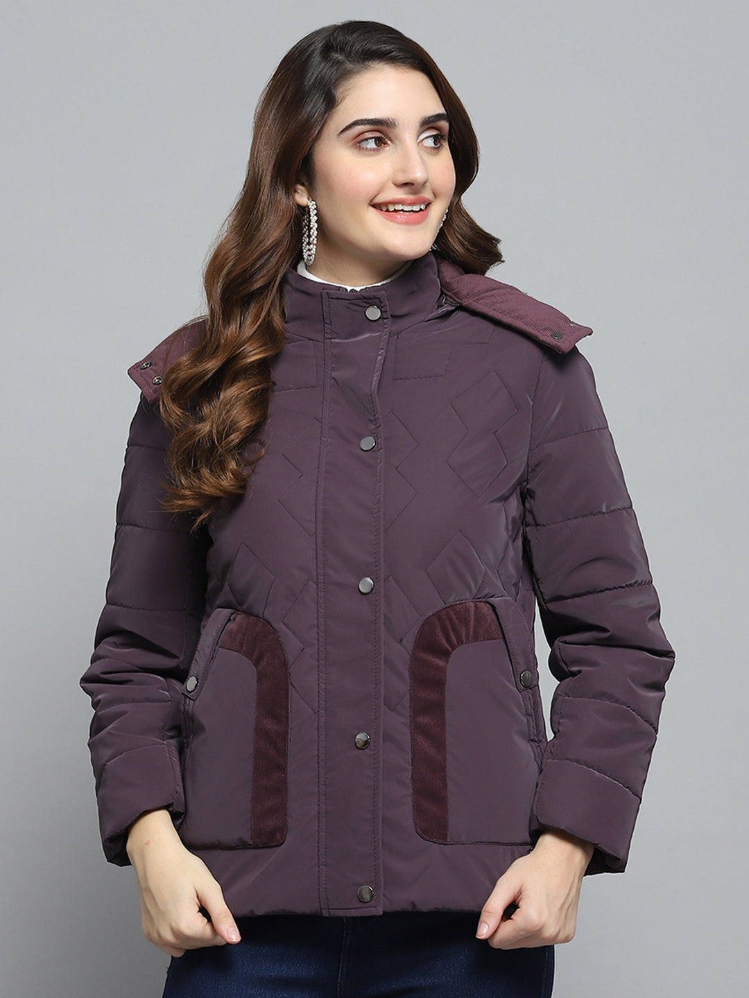 Women Burgundy Solid Detachable Hood Full Sleeve Jacket