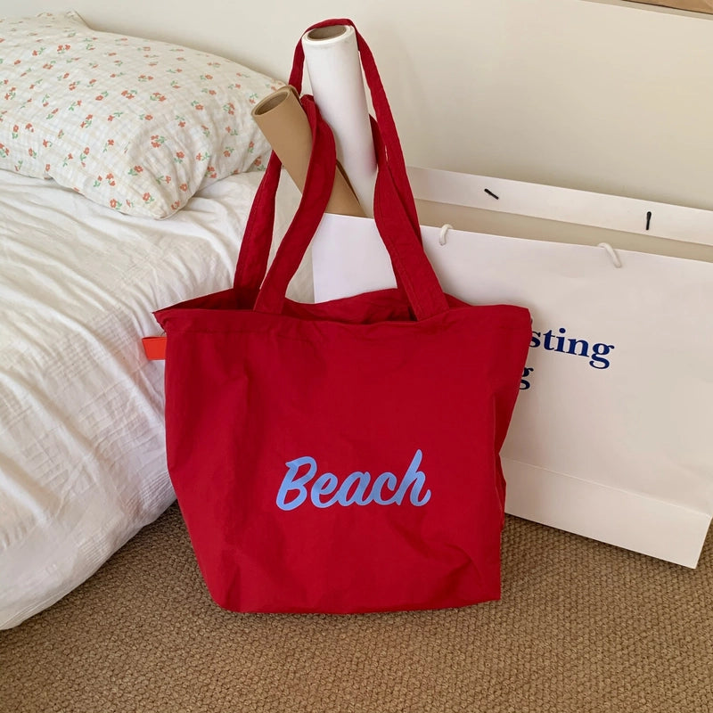 Women's Large Nylon Letter Elegant Streetwear Square String Tote Bag