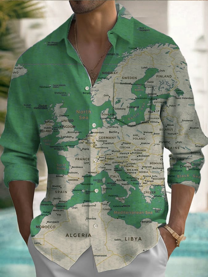 Men's World Map Print Pocket Long Sleeve Shirt