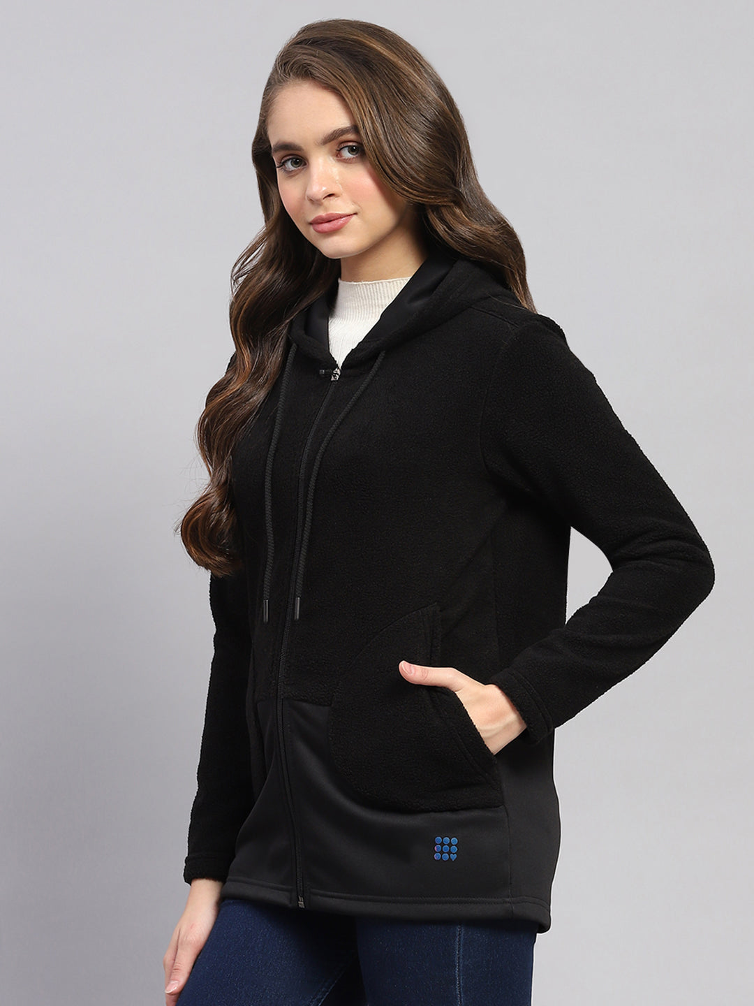 Women Black Solid Hooded Full Sleeve Sweatshirt