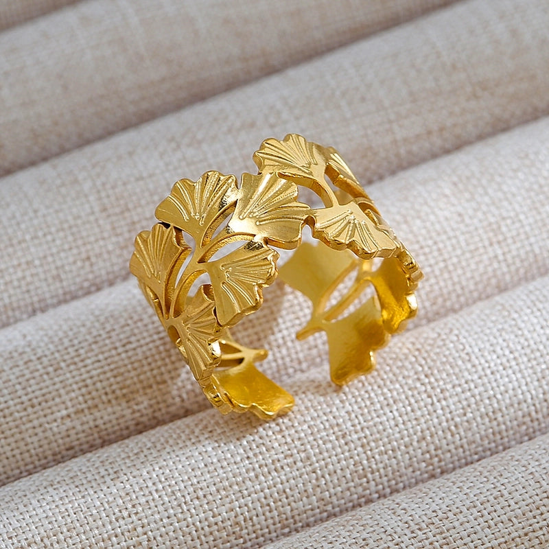 Rock Oversized Leaves Eye Flower 304 Stainless Steel Gem 18K Gold Plated Inlay Open Rings