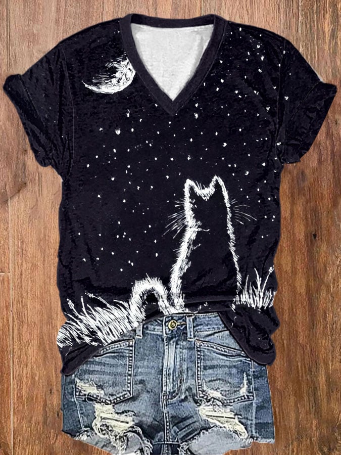 Women's Black Cat Print T-Shirt