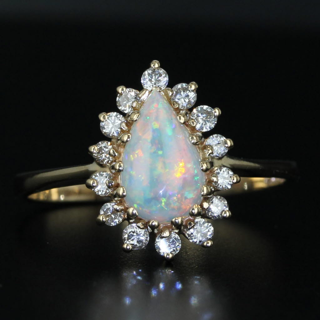 Pear Opal Diamond Halo Ring 14k Yellow Gold Size 8 Teardrop