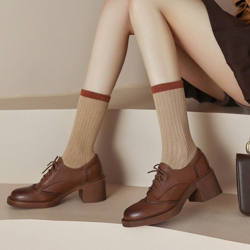 Women Round Toe Lace Up Leather Chunky Brogue Shoes 65mm Block Heel in Brown/Black