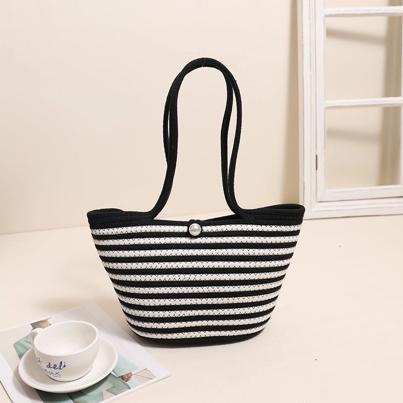 Women's Medium Polyester Stripe Classic Style Square Open Straw Bag