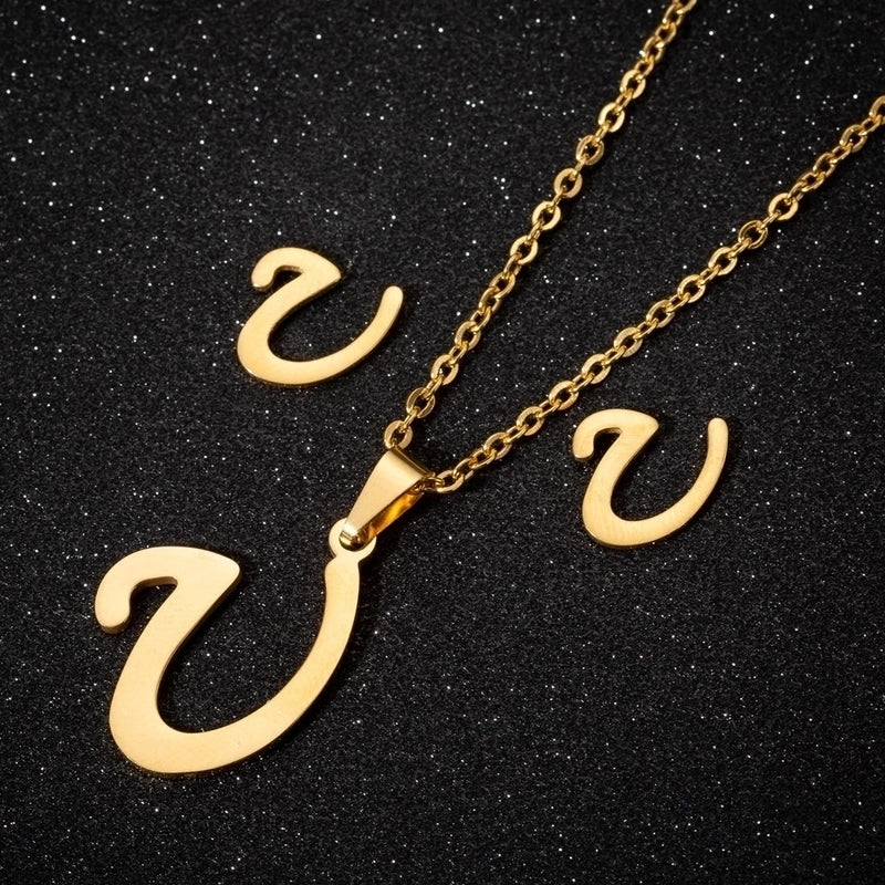 Women's Fashion Minimalist Letter Stainless Steel Pendant Necklace Ear Studs Plating Jewelry Sets
