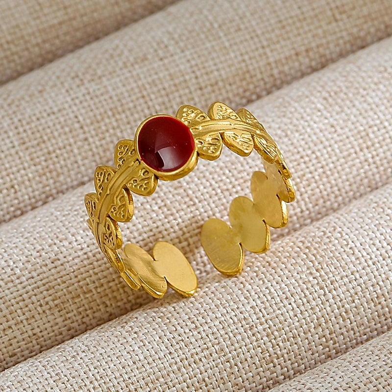 Rock Oversized Leaves Eye Flower 304 Stainless Steel Gem 18K Gold Plated Inlay Open Rings