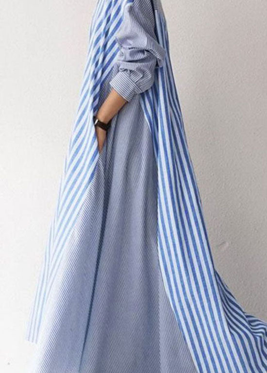 Modern Blue Peter Pan Collar Striped Cotton Dress Long Sleeve Spring