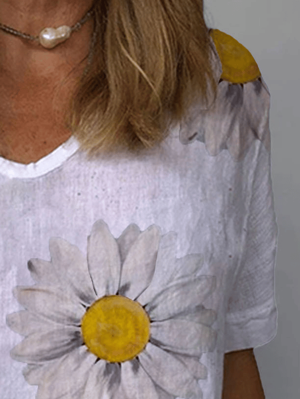 Woman Casual Sunflower Floral V Neck Short Sleeve Summer T-Shirt