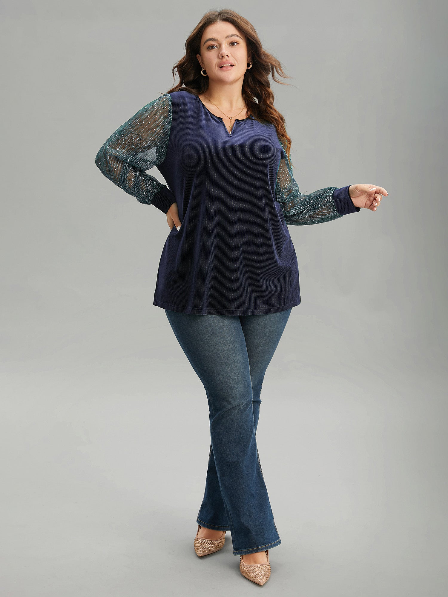 Velvet Patchwork Mesh Sequin Notched T-shirt